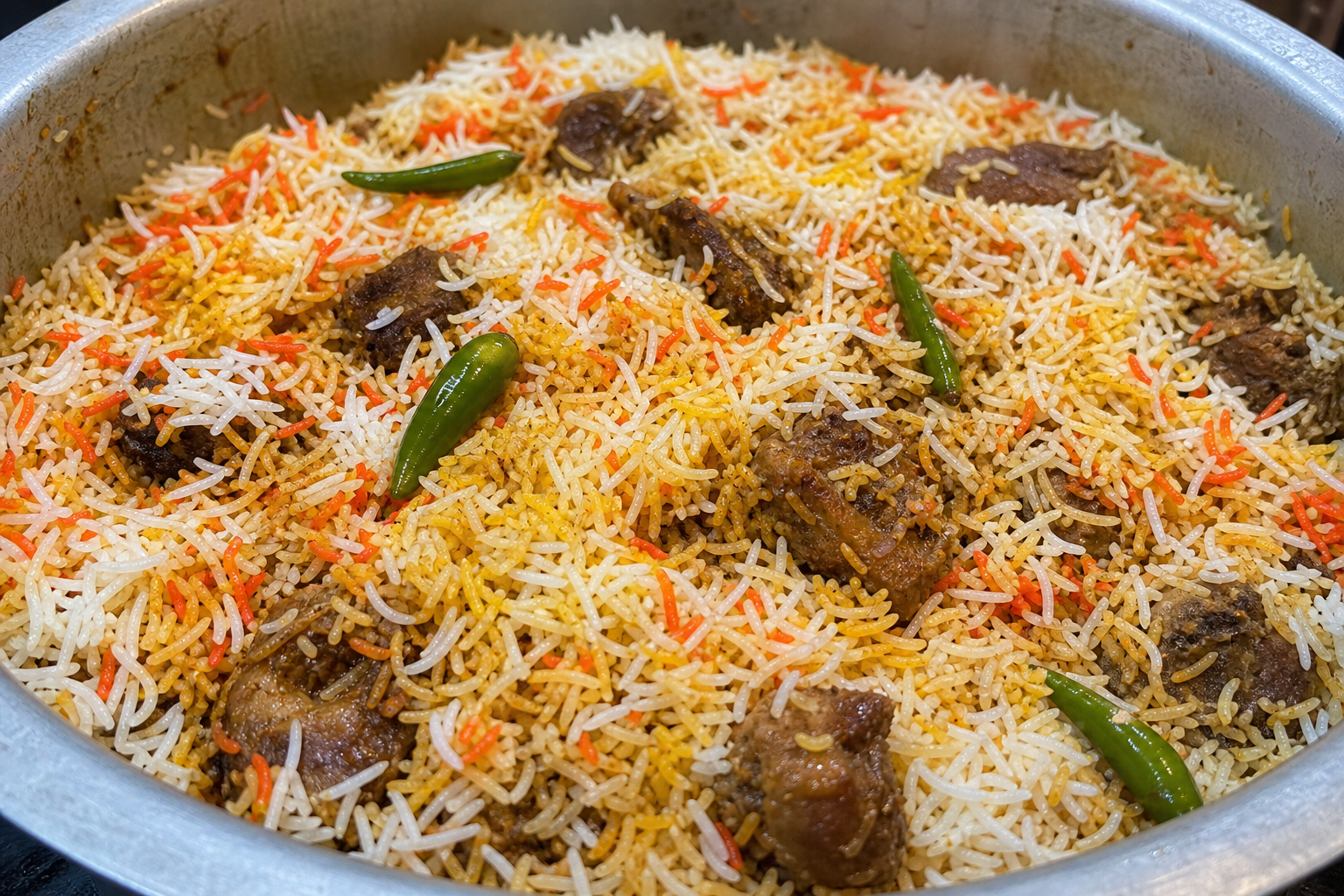 Realistic biryani rice with meat pieces and green chillies