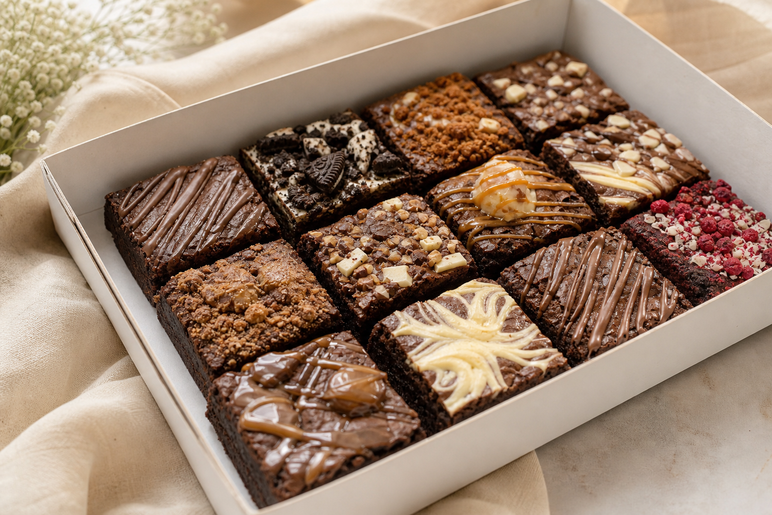 Box of brownies with mixed chocolate, biscuit, caramel, and berry toppings