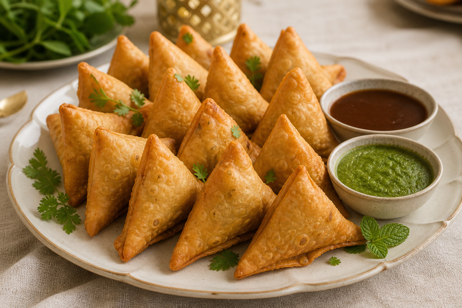 Golden samosas served with mint and tamarind chutneys