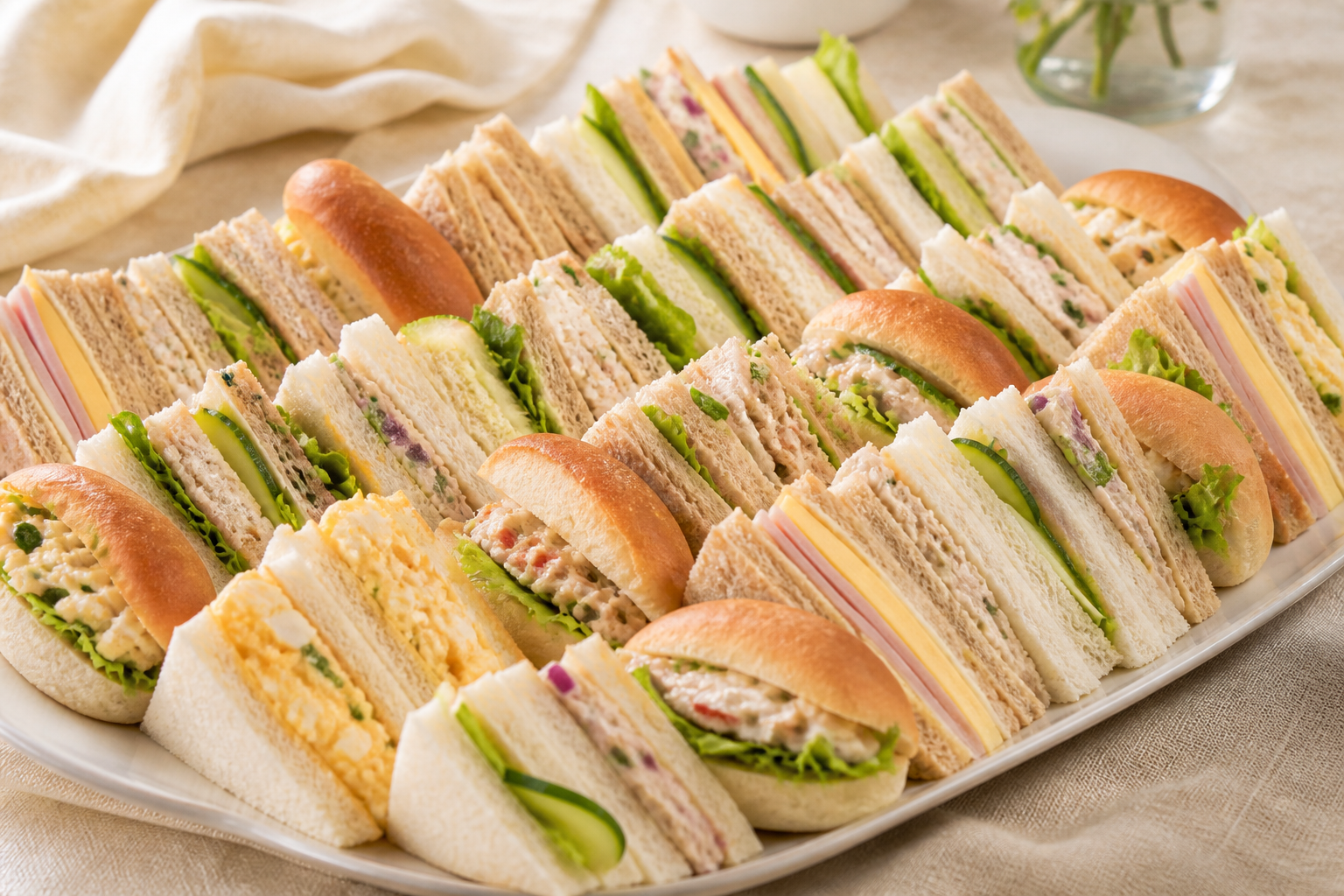 Mixed sandwich platter with cheese, chicken, salad, tuna, and egg fillings