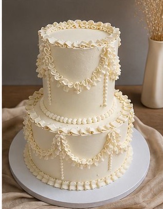 Vintage-style white tier cake with piping