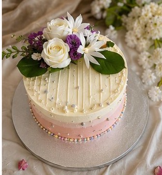 Pink and white cake with fresh flowers and pearls