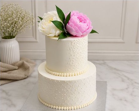 White two-tier cake with pink and white flowers
