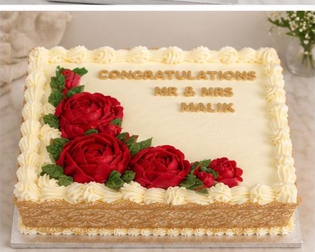 Rectangle cake decorated with red buttercream roses