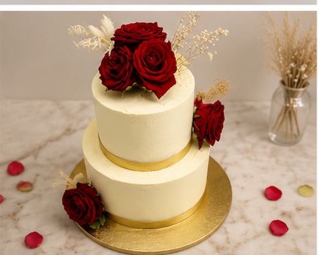 Two-tier cake with red roses and gold ribbon