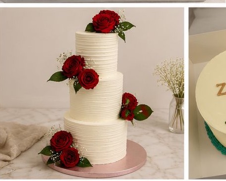 Tall ribbed two-tier cake with red roses